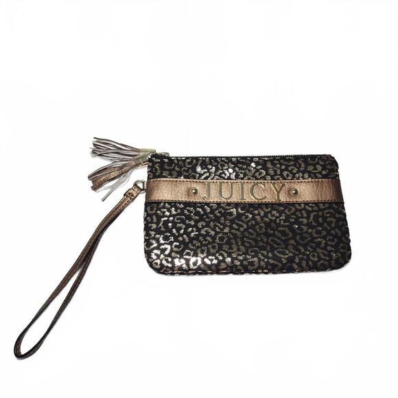 Juicy Couture Women's Black and Gold Leopard Print Wristlet Clutch Size Small - Picture 1 of 6